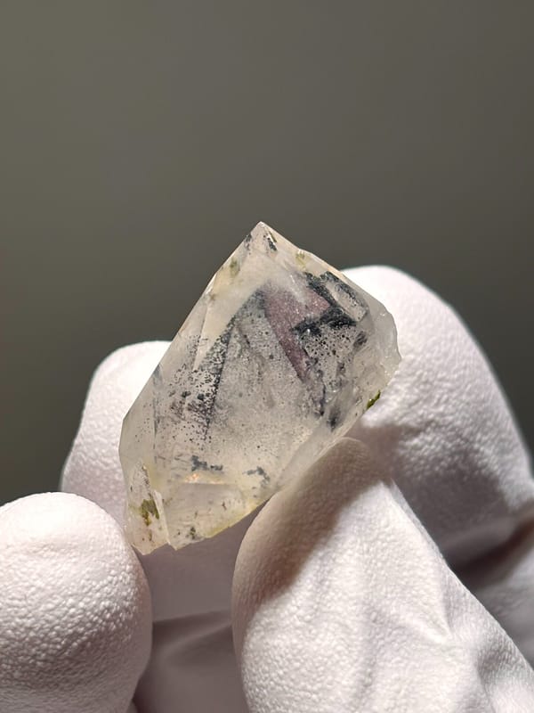 Tiny garden quartz with green epidote specks from Sichuan, China, top view