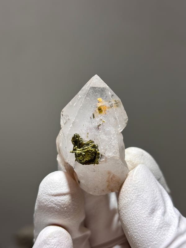 Garden quartz point with green epidote inclusion from Sichuan, China, second angle