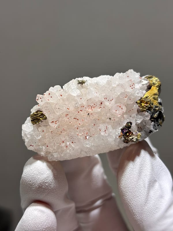 White quartz plate with red specks and chalcopyrite from Jiangxi, China, second angle