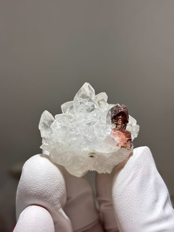 Cluster of clear apophyllite crystals from India, second angle