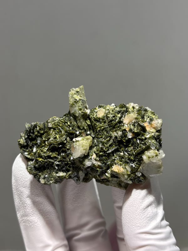 Dark green epidote cluster with white quartz points from Sichuan, China, second angle