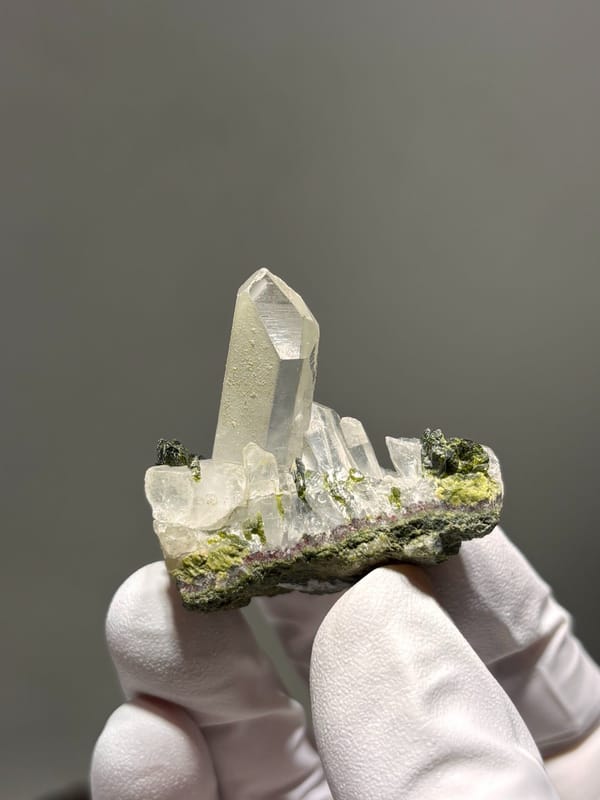 Milky quartz point on green epidote from Sichuan, China, second angle