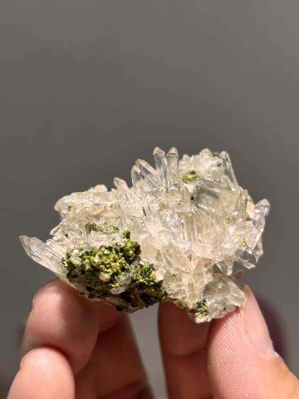 Clear quartz needles with dark green epidote from Sichuan, China, second angle