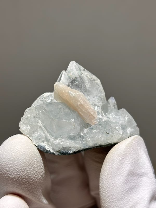 Pale green apophyllite cluster with zeolite spray from India, second angle