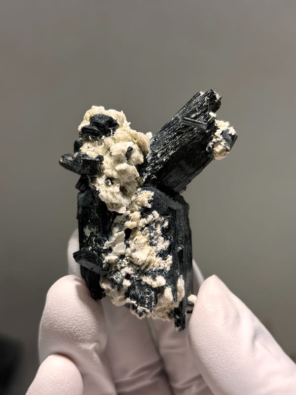 Black schorl prism on white feldspar from Namibia, top view