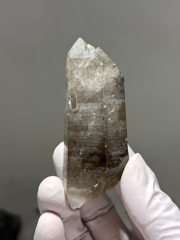 Smoky quartz floater with sharp termination from Sichuan, China, held in gloved hand