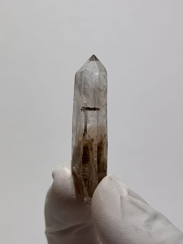 Gradient smoky quartz point from Fujian, China, close-up of the crystal faces