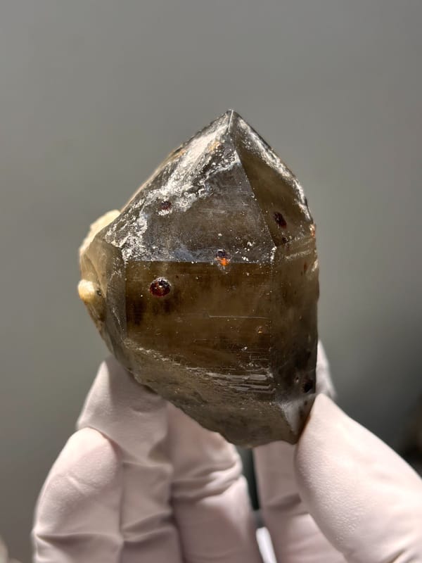 Smoky quartz point with red garnets from Fujian, China, second angle