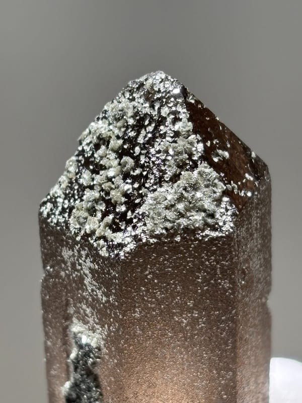 Dark smoky quartz point with mica-dusted tip from Fujian, China, second angle