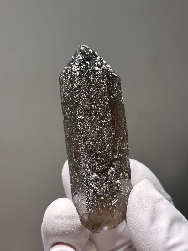 Dark smoky quartz point with mica-dusted tip from Fujian, China, reverse side