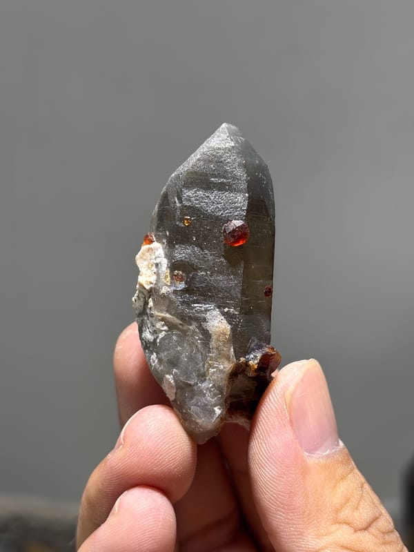 Smoky quartz point with red garnets from Fujian, China, second angle