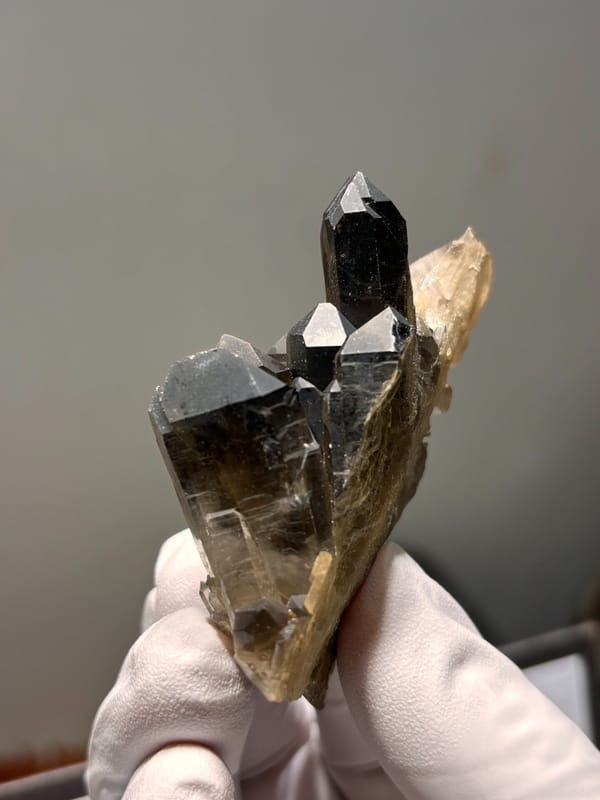Smoky quartz cluster with pale side crystals from Sichuan, China, reverse side