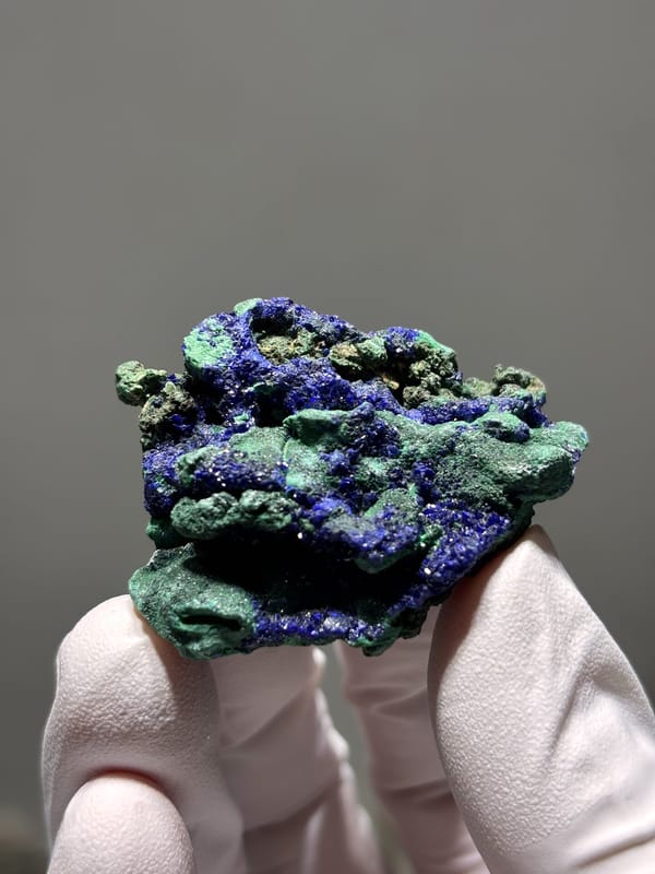 Deep blue azurite crust with green malachite from Hubei, China, second angle