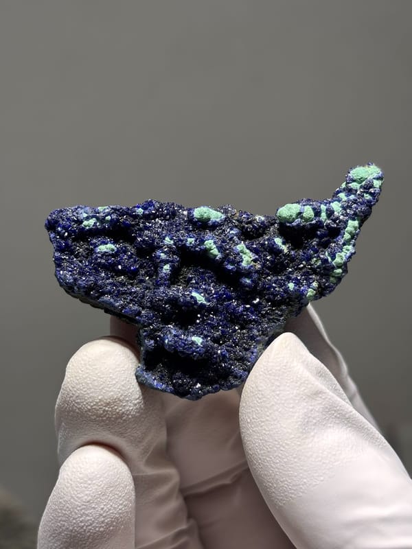 Deep blue azurite plate with green malachite spots from Hubei, China, second angle