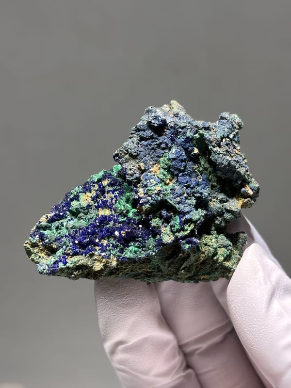 Deep blue azurite plate with green malachite from Hubei, China, second angle