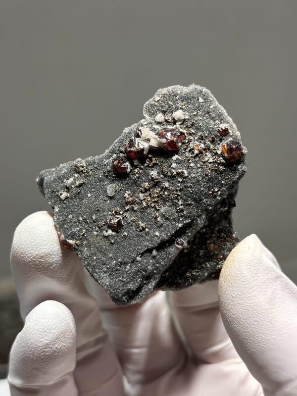 Red-brown sphalerite crystals on dark matrix from Hebei, China, held in gloved hand