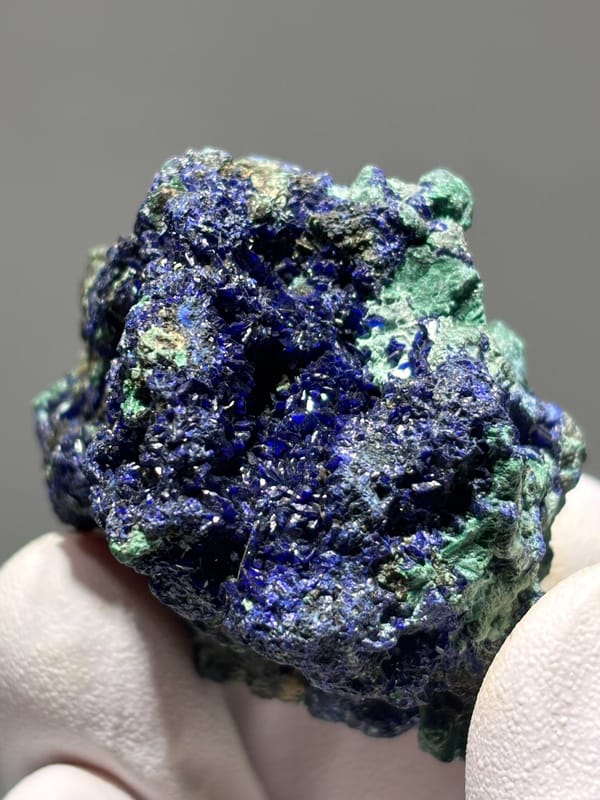 Sparkling azurite nodule with green malachite from Hubei, China, second angle