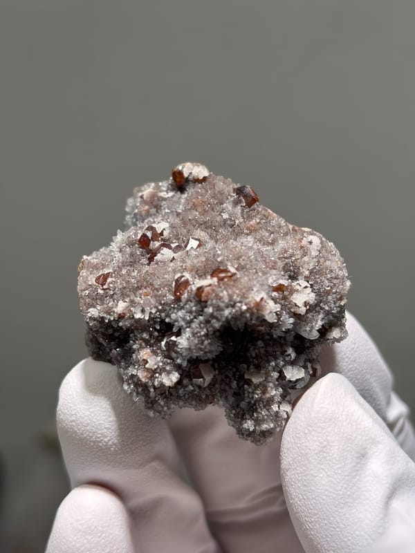 Red-brown sphalerite crystals on white quartz druse from Hubei, China, held in gloved hand