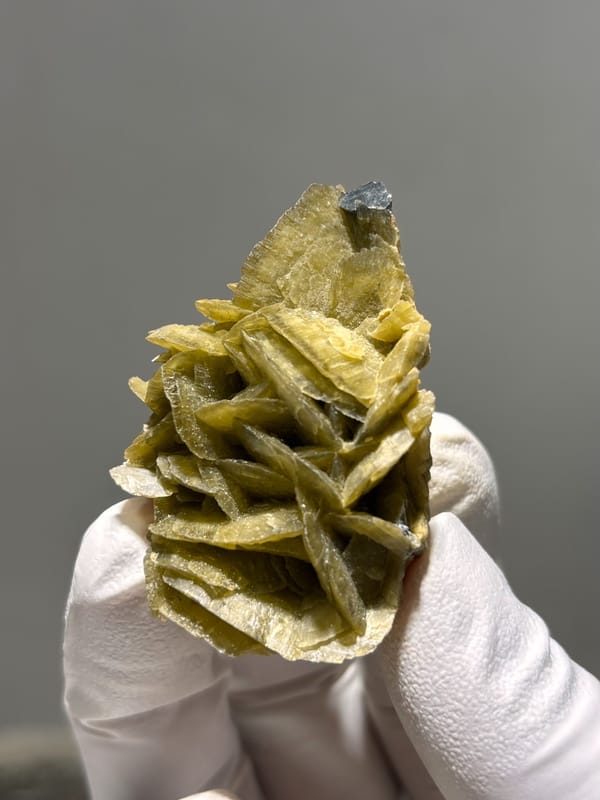 Cluster of olive-brown siderite blades from Guizhou, China, close-up of the crystal faces
