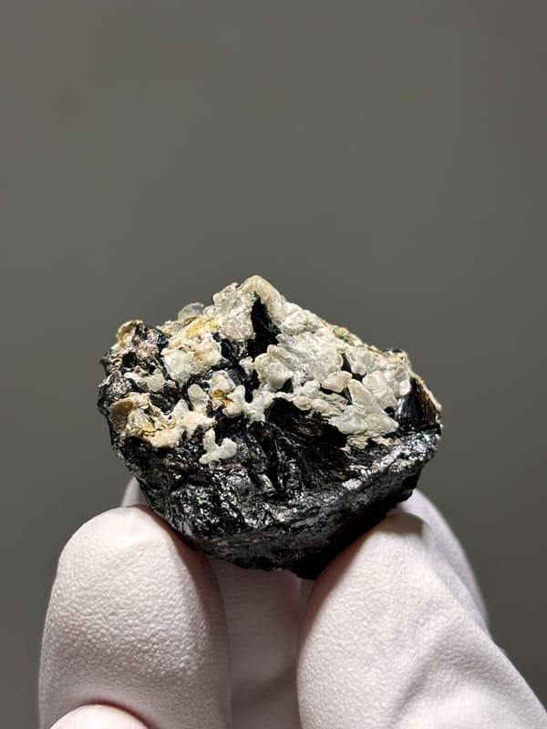 Black cassiterite with white calcite like a snow mountain from Xuebaoding, Sichuan, China, held in gloved hand