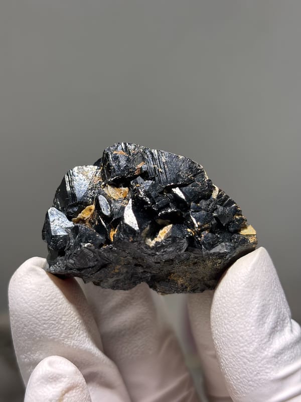 Black cassiterite crystal group with mica from Xuebaoding, Sichuan, China, held in gloved hand