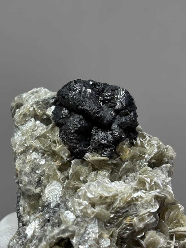 Black cassiterite crystal on tan mica from Xuebaoding, Sichuan, China, reverse side