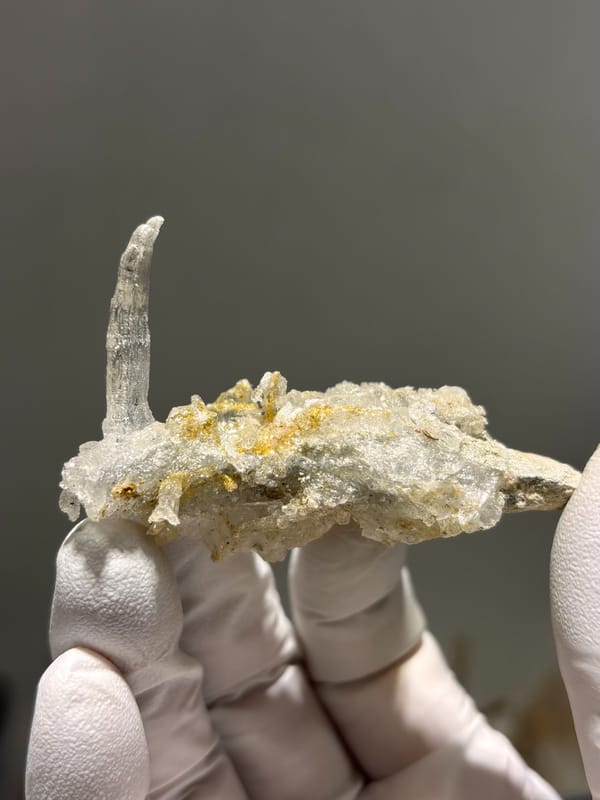 Gypsum crystal bar with rising blade from Guizhou, China, held in gloved hand