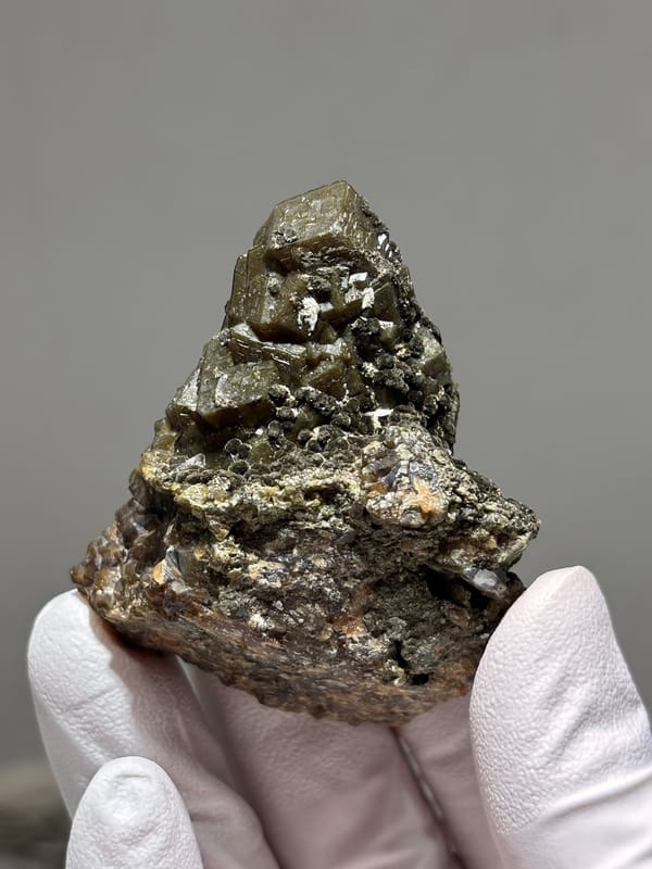 Olive-brown garnet crystal cluster from Inner Mongolia, China, top view