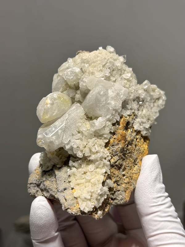 Plate of cream baryte crystals on golden matrix from Sichuan, China, held in gloved hand