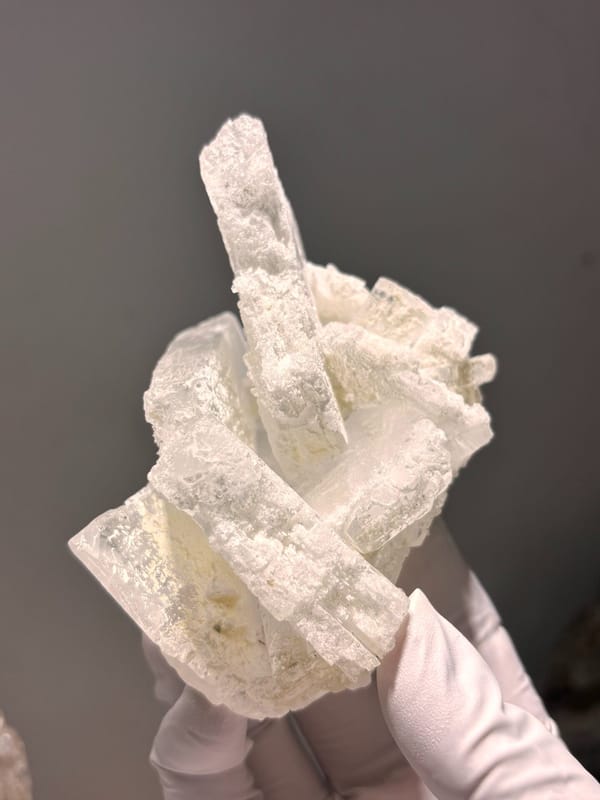 Etched white baryte cluster from Sichuan, China, close-up of the crystal faces