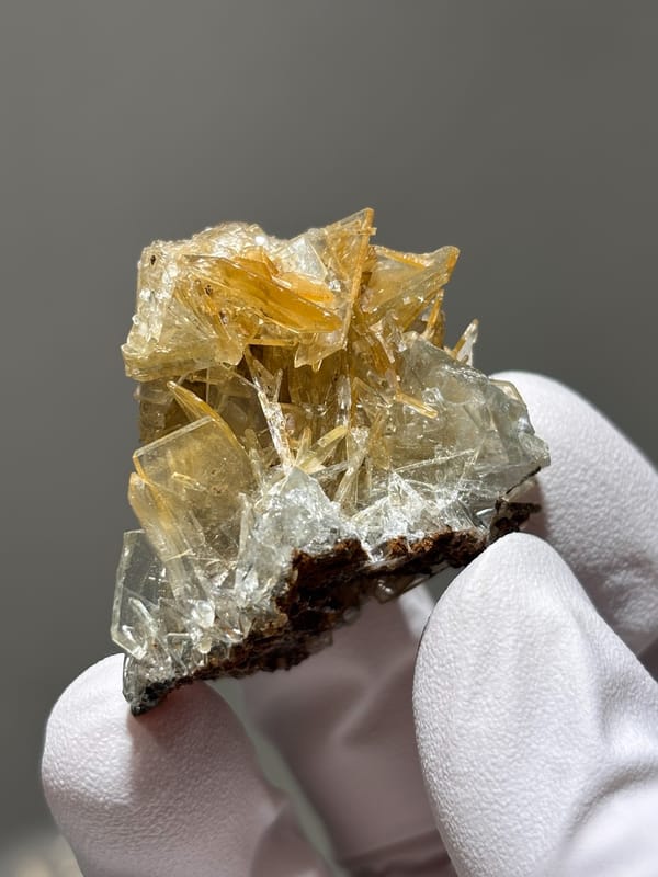 Golden-yellow baryte blades with pale blue tint from Hubei, China, held in gloved hand