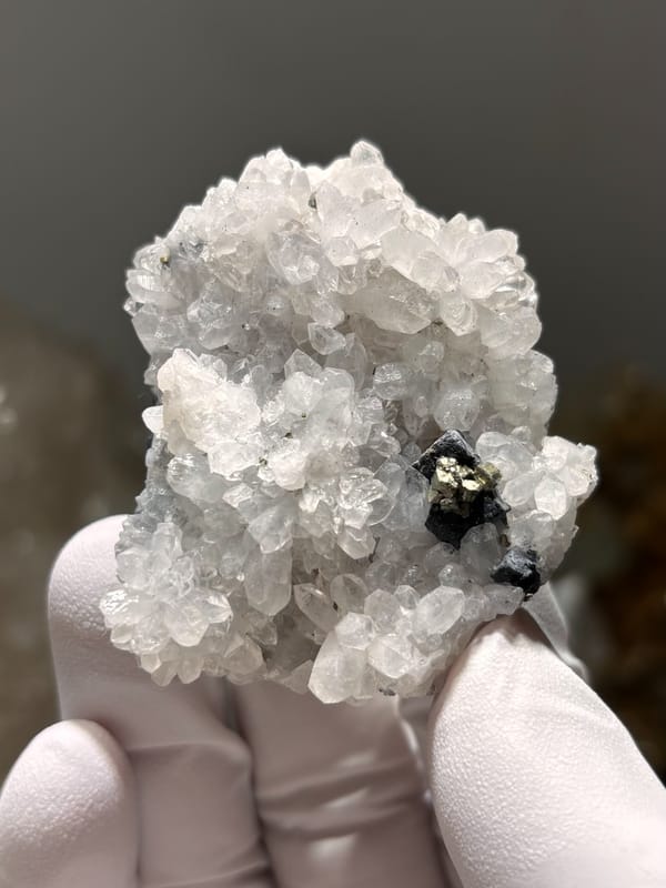 White quartz druse with pyrite and galena from Jiangxi, China, second angle