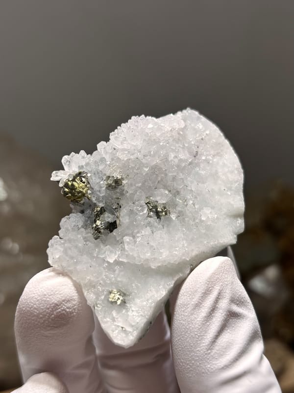 White quartz druse with pyrite and chalcopyrite from Jiangxi, China, second angle
