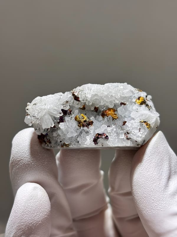 White quartz with iridescent pyrite from Hubei, China, second angle