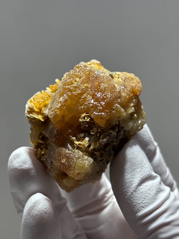 Etched honey scheelite group on golden mica from Xuebaoding, Sichuan, China, second angle