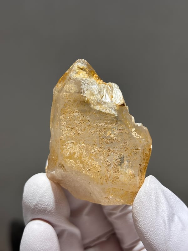 Golden scheelite grown into quartz crystal from Xuebaoding, Sichuan, China, close-up of the crystal faces