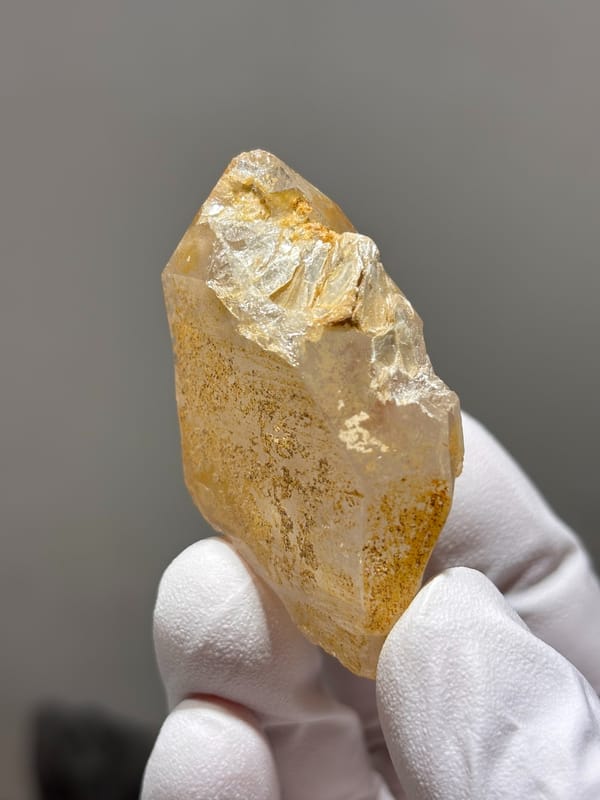 Golden scheelite grown into quartz crystal from Xuebaoding, Sichuan, China, reverse side