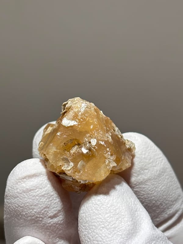 Honey scheelite with white mica flakes from Xuebaoding, Sichuan, China, held in gloved hand