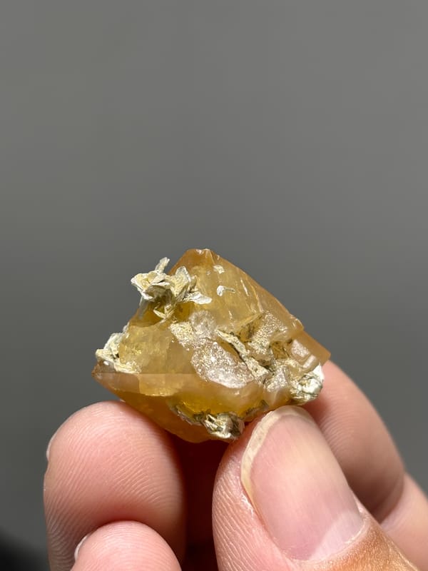 Honey scheelite floater with mica from Xuebaoding, Sichuan, China, held in hand