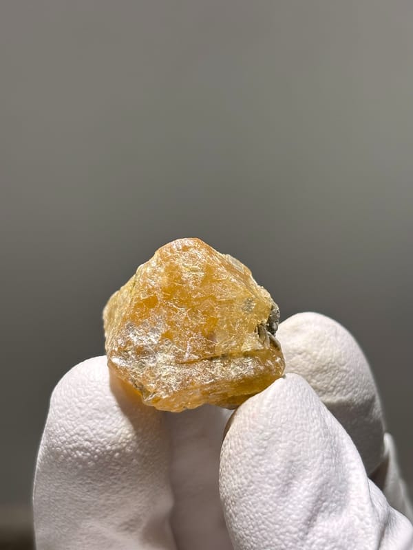 Honey scheelite crystal with mica from Xuebaoding, Sichuan, China, held in gloved hand