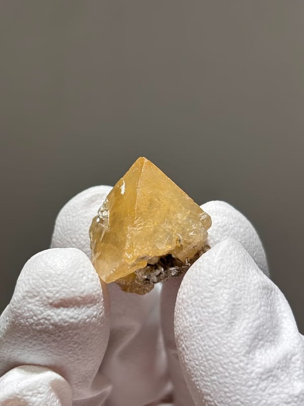 Small honey scheelite on mica from Xuebaoding, Sichuan, China, close-up of the crystal faces