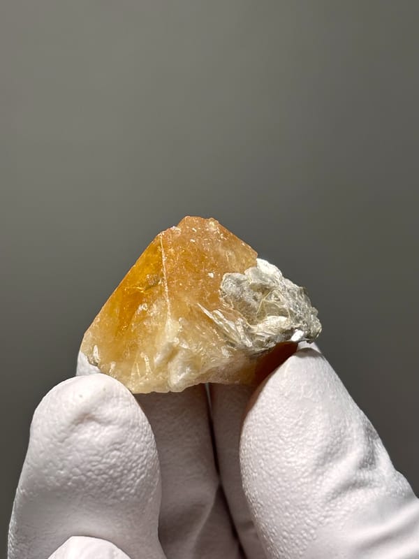 Honey scheelite crystal with mica cap from Xuebaoding, Sichuan, China, held in gloved hand
