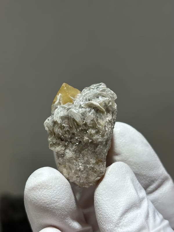 Honey scheelite crystal on mica block from Xuebaoding, Sichuan, China, held in gloved hand