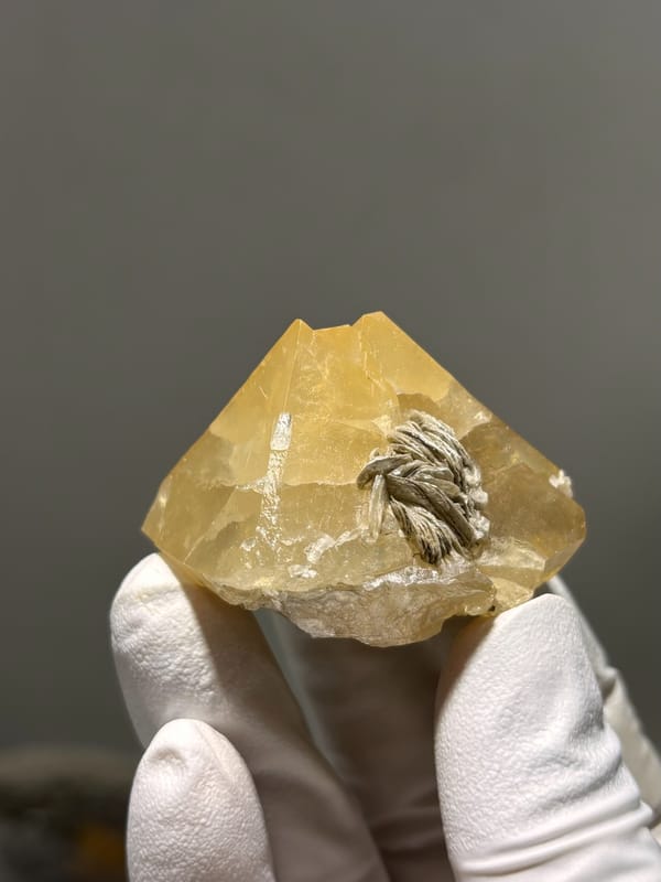 Large honey scheelite with mica rosette from Xuebaoding, Sichuan, China, close-up of the crystal faces