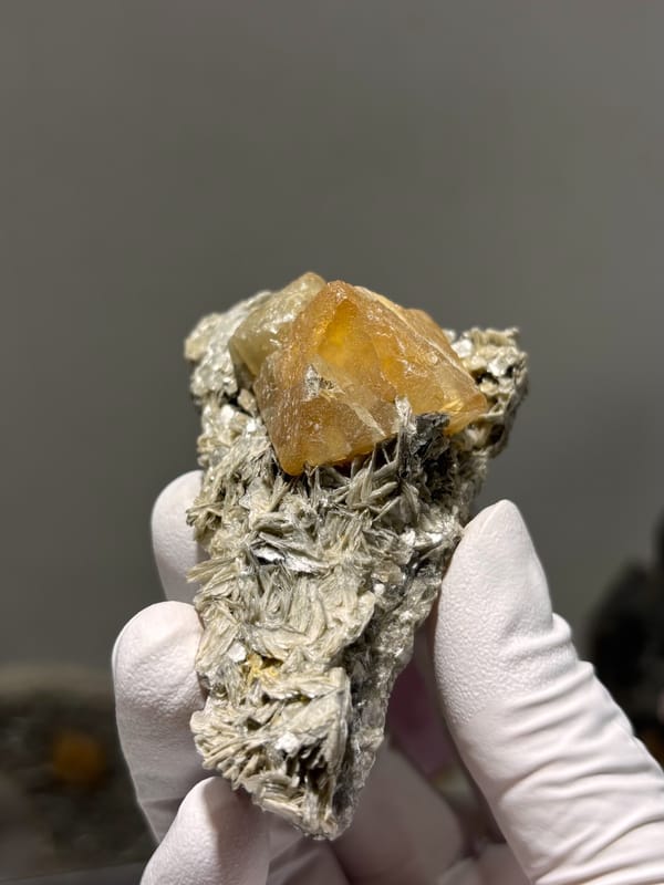 Honey scheelite crystal on tan mica plate from Xuebaoding, Sichuan, China, close-up of the crystal faces