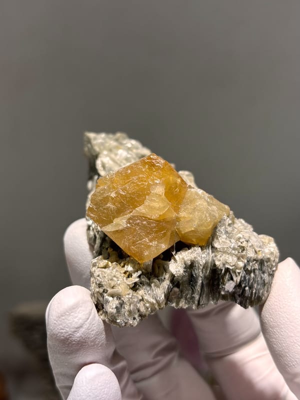 Honey scheelite crystal on tan mica plate from Xuebaoding, Sichuan, China, reverse side