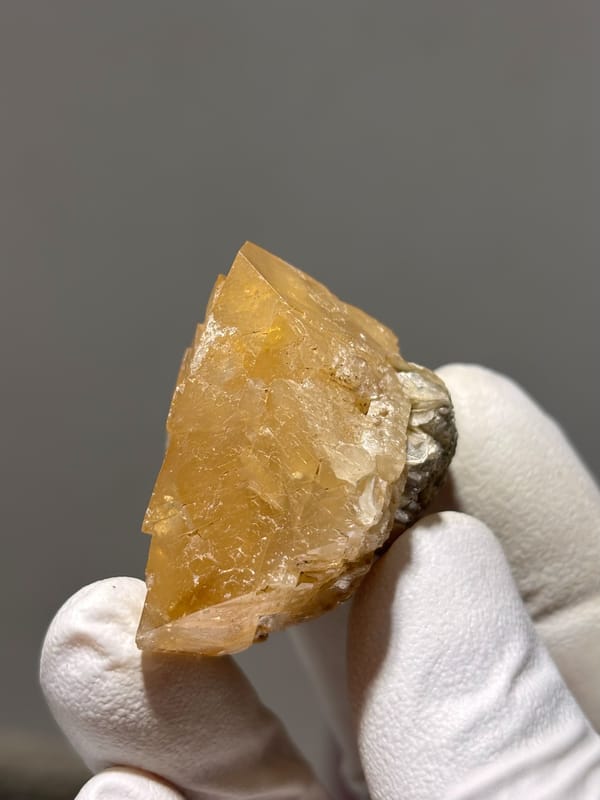 Honey-orange scheelite crystal from Xuebaoding, Sichuan, China, held in gloved hand