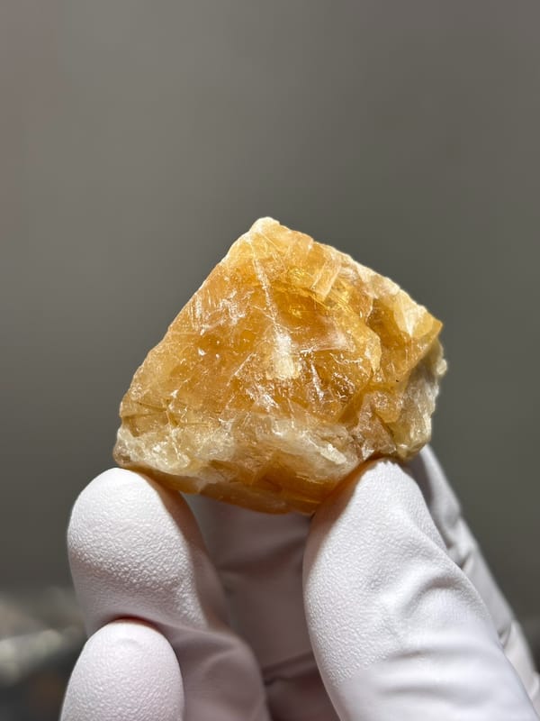 Honey-orange scheelite from Xuebaoding, Sichuan, China, held in gloved hand