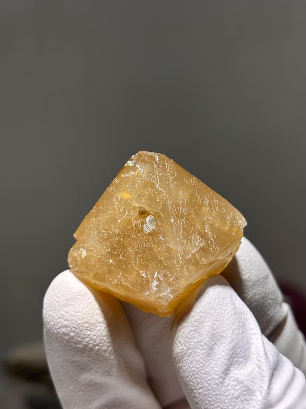Honey-orange scheelite crystal from Xuebaoding, Sichuan, China, held in gloved hand