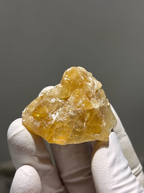 Honey-yellow scheelite crystal group from Xuebaoding, Sichuan, China, held in gloved hand